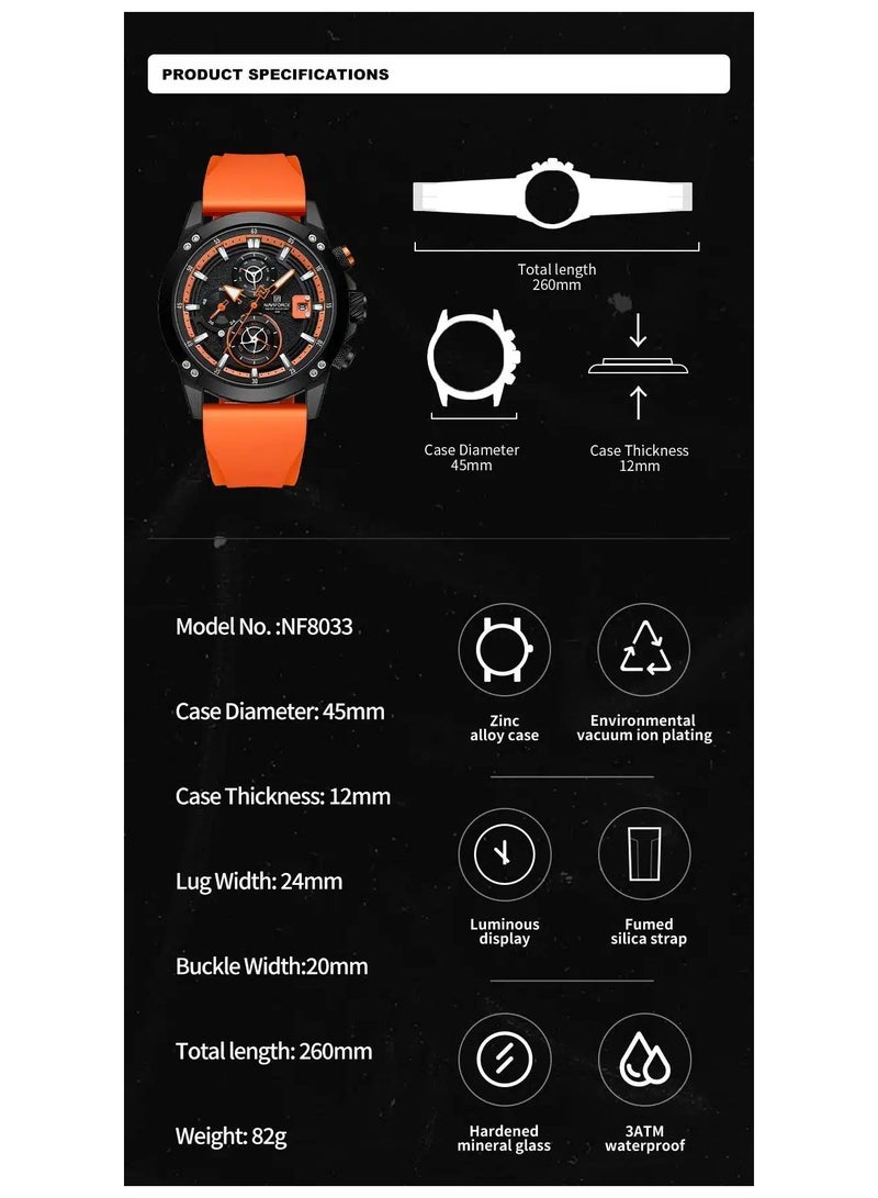NAVIFORCE Stylish Mens Chronograph Watch with Black Dial Orange Silicone Strap Multifunctional Stopwatch Date Display Water Resistant 30M Sport Wristwatch  - Image 3