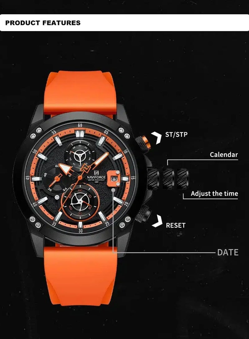 NAVIFORCE Stylish Mens Chronograph Watch with Black Dial Orange Silicone Strap Multifunctional Stopwatch Date Display Water Resistant 30M Sport Wristwatch  - Image 4
