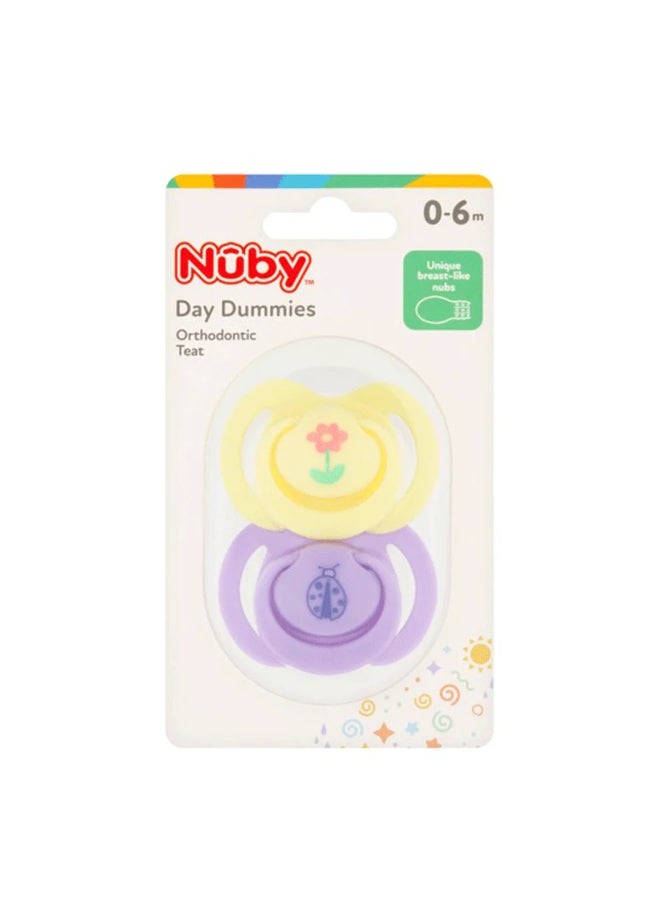 Nuby Daytime Soothers, 2-Pack, Orthodontic Baby Pacifiers for 0-6 Months, Comfort Dummies for Everyday Soothing, Assorted