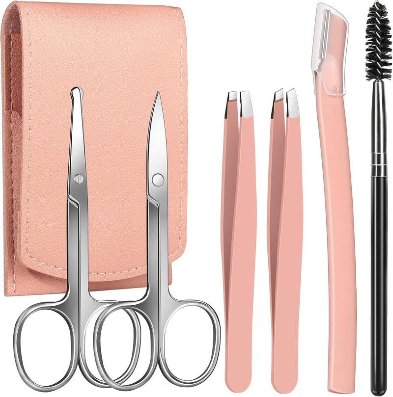 FANDAMEI Eyebrow Kit with Leather Case - Eyebrow Scissors, Tweezers, Razor, Brush for Women & Men - Facial Hair & Ingrown Hair Removal