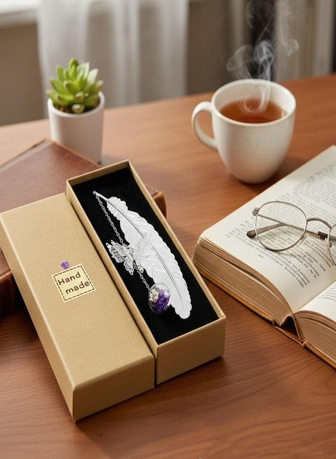 amassan Bookmarks for Women, Metal Feather Bookmark with Butterfly Charms - Teacher Appreciation Gifts, Birthday Gifts for Book Lovers Readers Mom Girls (Silver) - Image 2