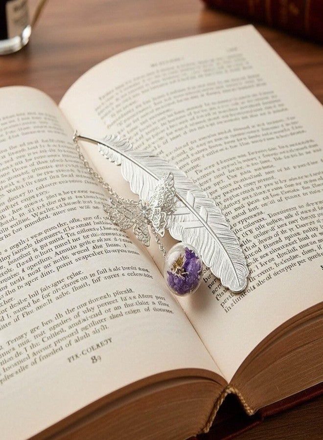 amassan Bookmarks for Women, Metal Feather Bookmark with Butterfly Charms - Teacher Appreciation Gifts, Birthday Gifts for Book Lovers Readers Mom Girls (Silver) - Image 3