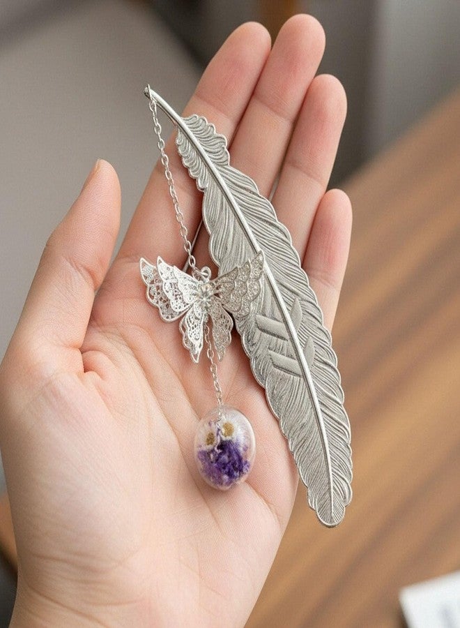 amassan Bookmarks for Women, Metal Feather Bookmark with Butterfly Charms - Teacher Appreciation Gifts, Birthday Gifts for Book Lovers Readers Mom Girls (Silver) - Image 4
