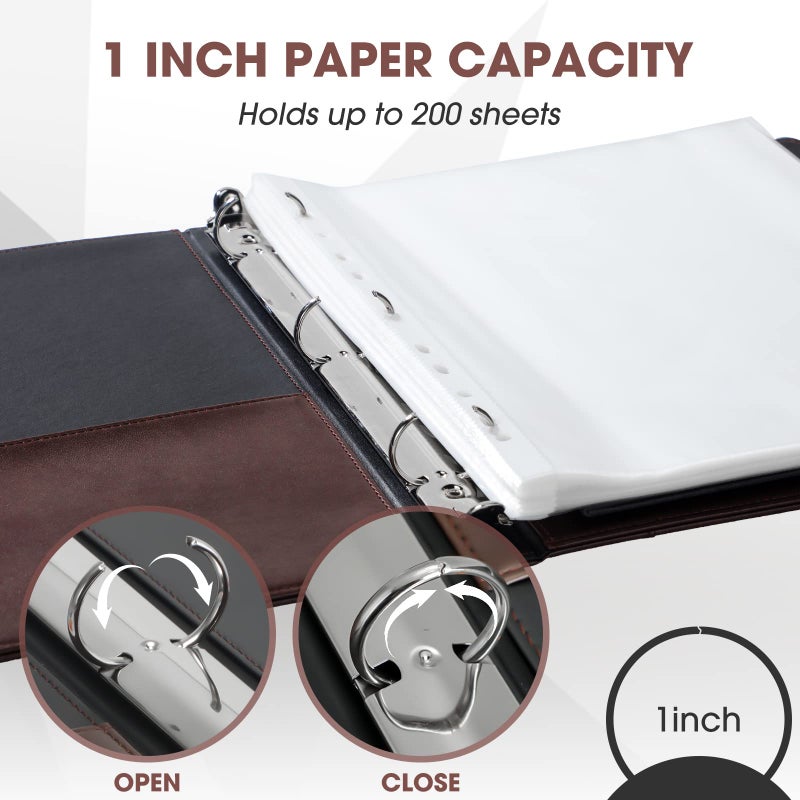 Marspark 2 Pcs Vintage Hardback 3 Ring Binder Professional Leather Binder Organizer Round Rings Holds 200 Sheets with 2 Inner Pockets(1 Inch,Brown, Black) - Image 3