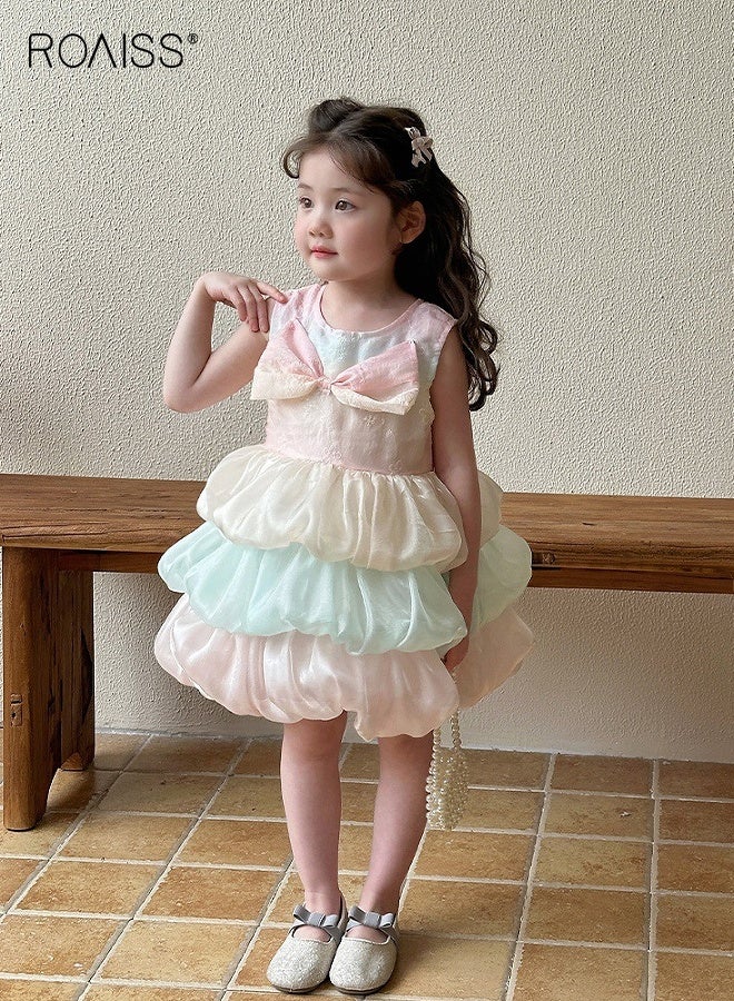 رويس فستان أنيق متعدد الطبقات للفتيات، فستان أميرة بلا أكمام مع فيونكة كبيرة، فستان تول متعدد الطبقات للفتيات الصغيرات، بدلة للارتداء اليومي أو الحفلات أو أي مناسبة - Image 1