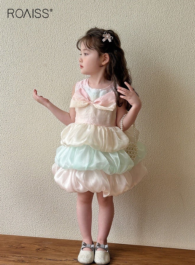 رويس فستان أنيق متعدد الطبقات للفتيات، فستان أميرة بلا أكمام مع فيونكة كبيرة، فستان تول متعدد الطبقات للفتيات الصغيرات، بدلة للارتداء اليومي أو الحفلات أو أي مناسبة - Image 2