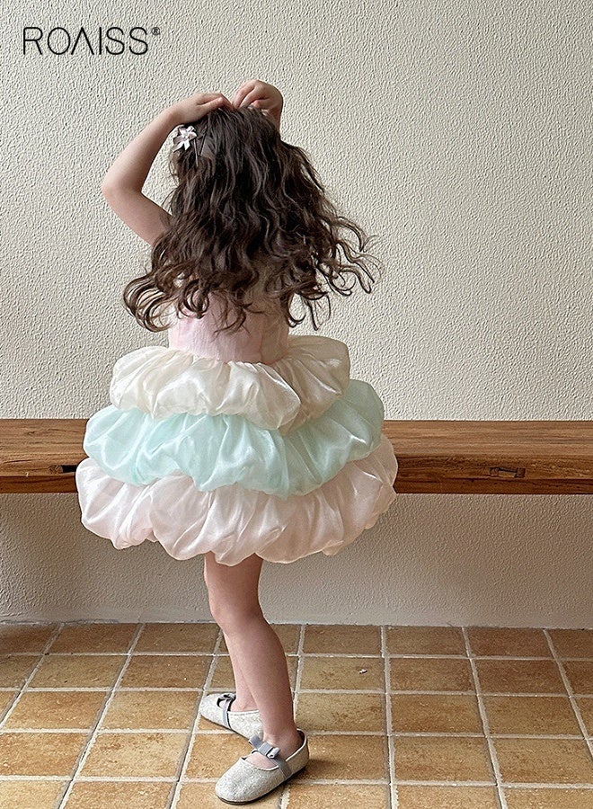 رويس فستان أنيق متعدد الطبقات للفتيات، فستان أميرة بلا أكمام مع فيونكة كبيرة، فستان تول متعدد الطبقات للفتيات الصغيرات، بدلة للارتداء اليومي أو الحفلات أو أي مناسبة - Image 4