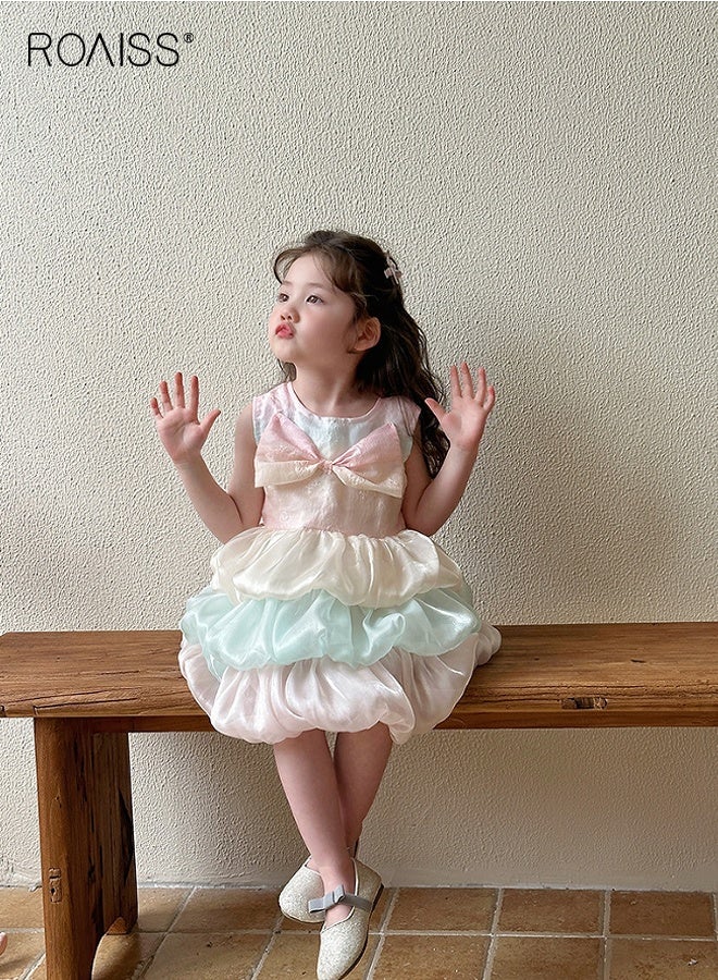 رويس فستان أنيق متعدد الطبقات للفتيات، فستان أميرة بلا أكمام مع فيونكة كبيرة، فستان تول متعدد الطبقات للفتيات الصغيرات، بدلة للارتداء اليومي أو الحفلات أو أي مناسبة - Image 3