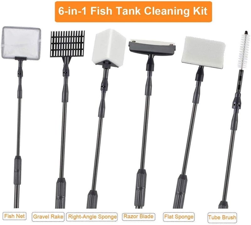 Hygger Carbon Fiber 6 in 1 Aquarium Cleaning Tool Kit Algae Scraper Scrubber Pad Sponge Telescopic Handle Fish Tank Brush Cleaner Set for Saltwater Freshwater - Image 3