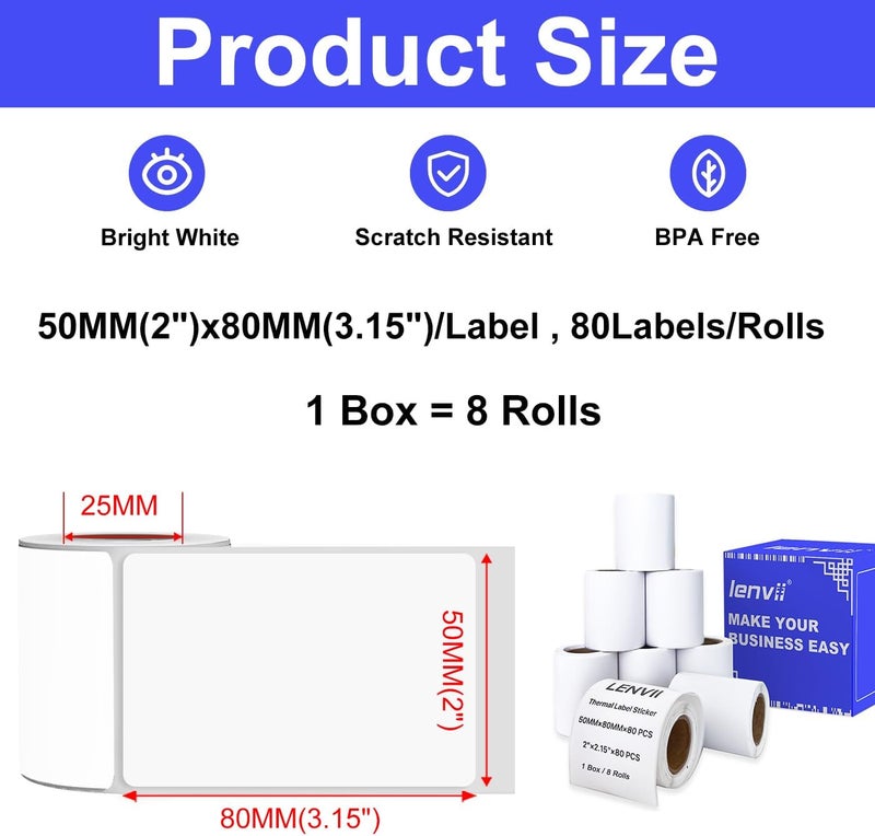 LENVII 50 x 80mm (2"x3.15") Thermal Labels 640 Sheets - 8 Rolls × 80 Labels, 3-Proof (Water/Oil/Scratch) Multi-Use Adhesive Stickers for Address/Barcode/FNSKU Tags - Home/Office/Product/Gift Labeling - Image 2