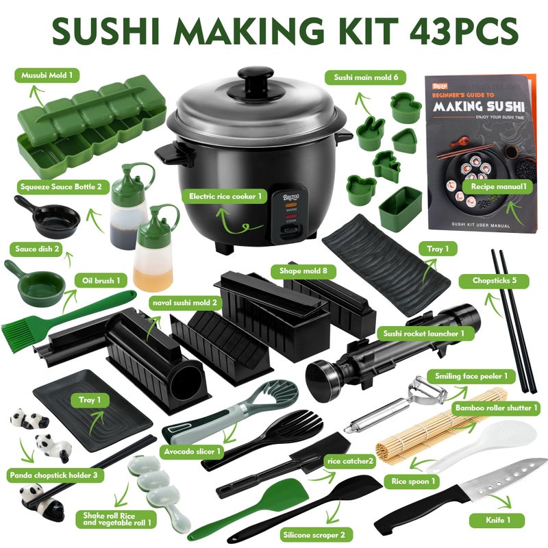 Brezlio Sushi Maker Kit â€“ 43-Piece Complete Set with Bazooka Roller, Onigiri Shaper, Nigiri Mold, Bamboo Rolling Mat & Tools | DIY for Beginners (Green) - Image 2