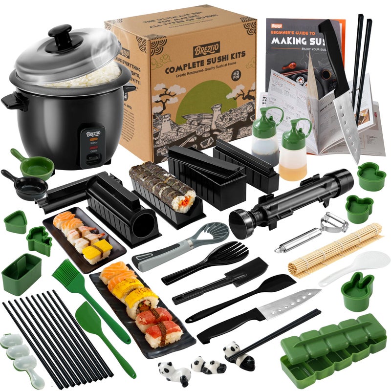 Brezlio Sushi Maker Kit â€“ 43-Piece Complete Set with Bazooka Roller, Onigiri Shaper, Nigiri Mold, Bamboo Rolling Mat & Tools | DIY for Beginners (Green) - Image 1