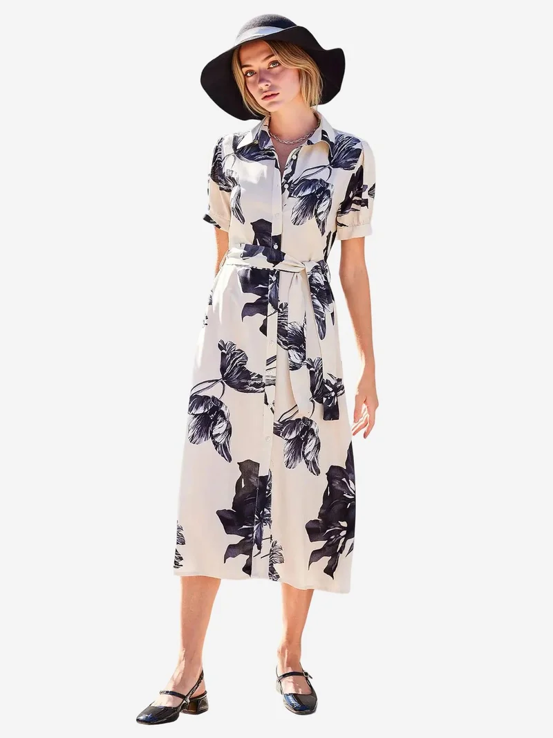 BIG DART BDART Flowering Midi Dress with Bow and Shirt Collar