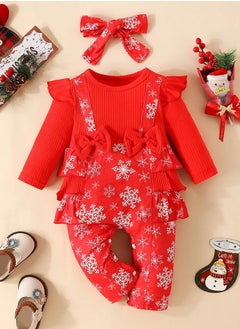 Babyqlo Snowflakes All Over Printed Romper Set With Headband - Red