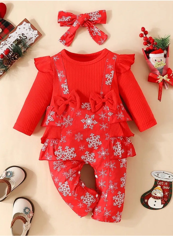 babyqlo Babyqlo Snowflakes All Over Printed Romper Set With Headband - Red  - Image 1