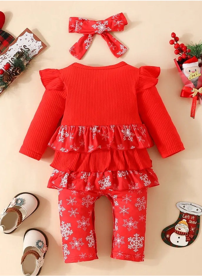 babyqlo Babyqlo Snowflakes All Over Printed Romper Set With Headband - Red  - Image 2