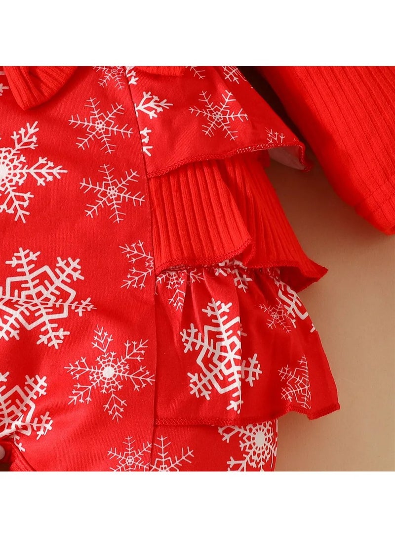 babyqlo - Babyqlo Snowflakes All Over Printed Romper Set With Headband - Red - Image 1