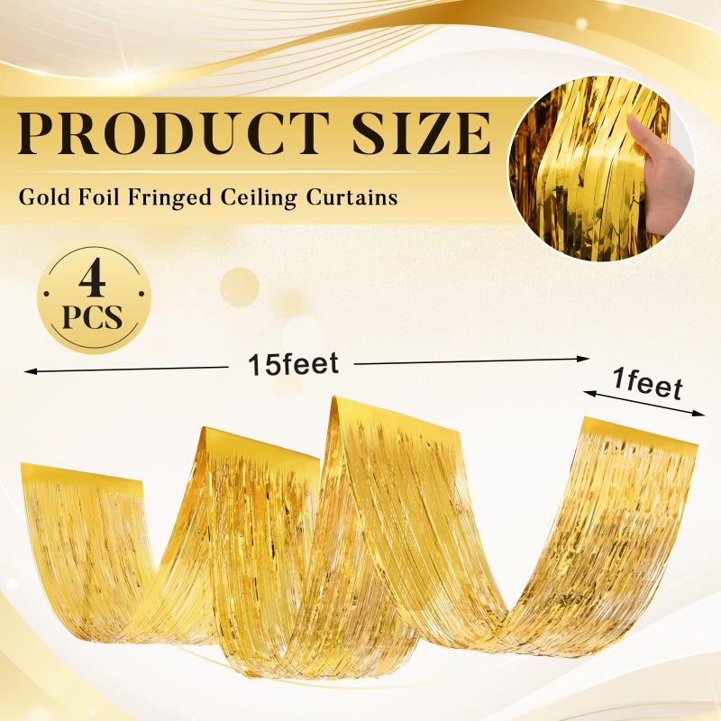 Breling 4 Pcs 15ft Metallic Foil Ceiling Fringe Curtains for Bachelorette Party Decorations, Fringe Ceiling Drapes for Wedding Engagement Bridal Shower Birthday Party Engagement Decor(Gold) - Image 2