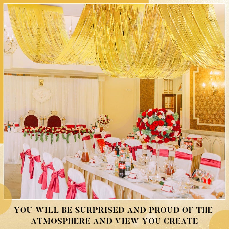 Breling 4 Pcs 15ft Metallic Foil Ceiling Fringe Curtains for Bachelorette Party Decorations, Fringe Ceiling Drapes for Wedding Engagement Bridal Shower Birthday Party Engagement Decor(Gold) - Image 5