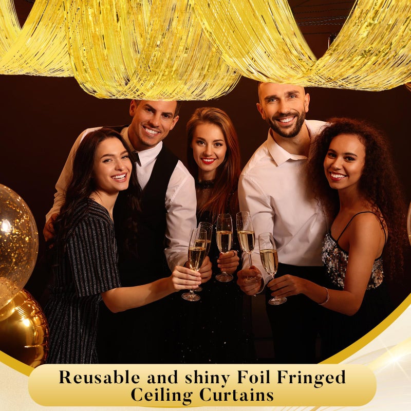Breling 4 Pcs 15ft Metallic Foil Ceiling Fringe Curtains for Bachelorette Party Decorations, Fringe Ceiling Drapes for Wedding Engagement Bridal Shower Birthday Party Engagement Decor(Gold) - Image 4