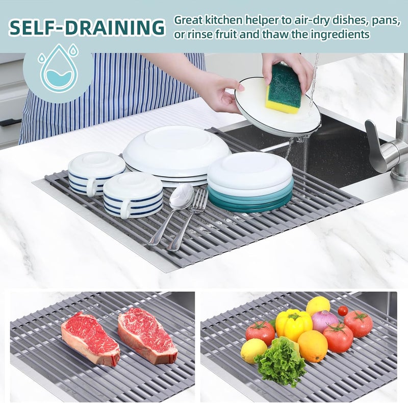 Ohuhu Over Sink Dish Drying Rack, Silicone Wrapped 17.6" W x 15.4" L, Foldable Sink Drainer - Roll Up Dish Drainer, Anti-Slip Multipurpose for Kitchen Counter - Image 2