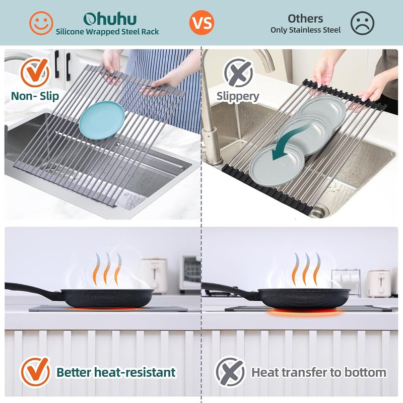 Ohuhu Over Sink Dish Drying Rack, Silicone Wrapped 17.6" W x 15.4" L, Foldable Sink Drainer - Roll Up Dish Drainer, Anti-Slip Multipurpose for Kitchen Counter - Image 5