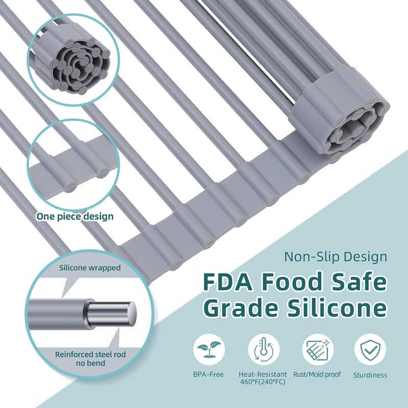 Ohuhu Over Sink Dish Drying Rack, Silicone Wrapped 17.6" W x 15.4" L, Foldable Sink Drainer - Roll Up Dish Drainer, Anti-Slip Multipurpose for Kitchen Counter - Image 4