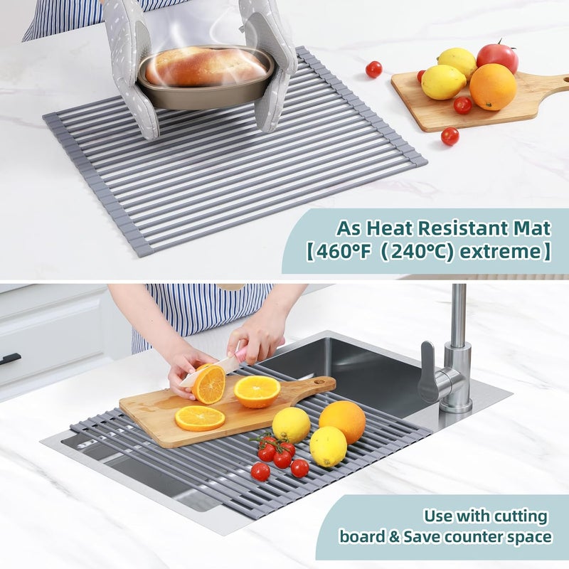 Ohuhu Over Sink Dish Drying Rack, Silicone Wrapped 17.6" W x 15.4" L, Foldable Sink Drainer - Roll Up Dish Drainer, Anti-Slip Multipurpose for Kitchen Counter - Image 3