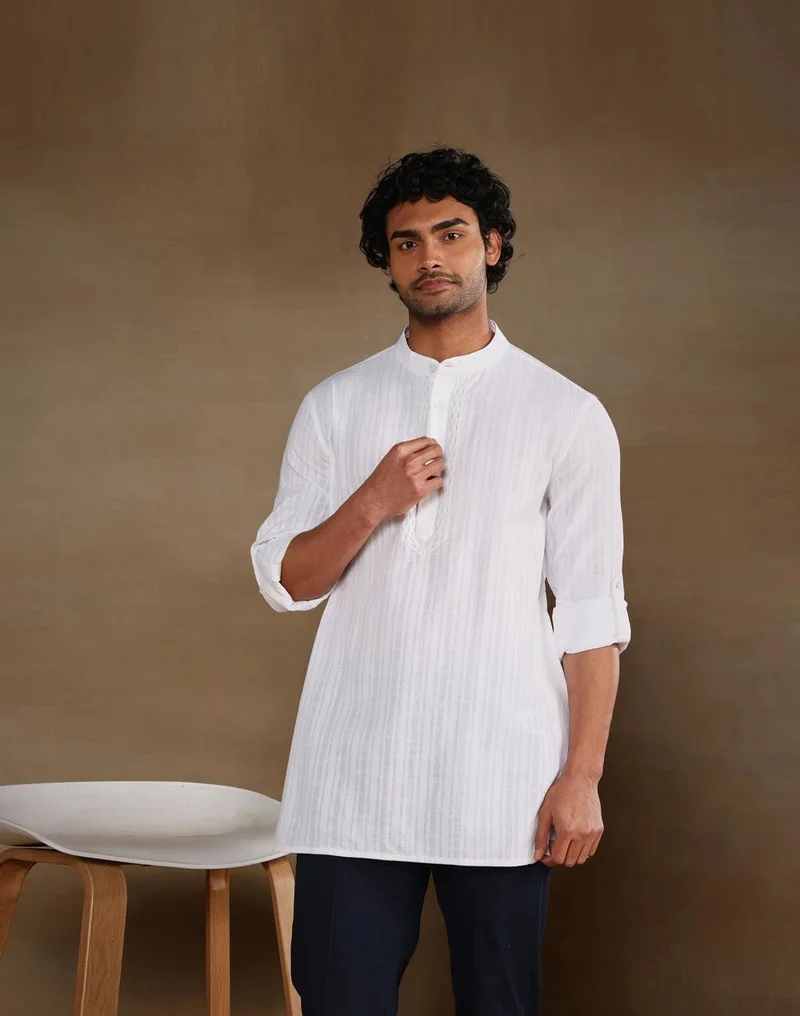 فاب انديا White Cotton Chikankari Short Kurta