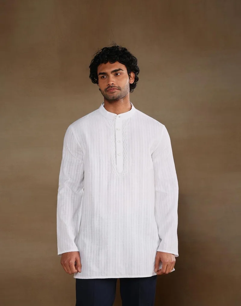 فاب انديا White Cotton Chikankari Short Kurta