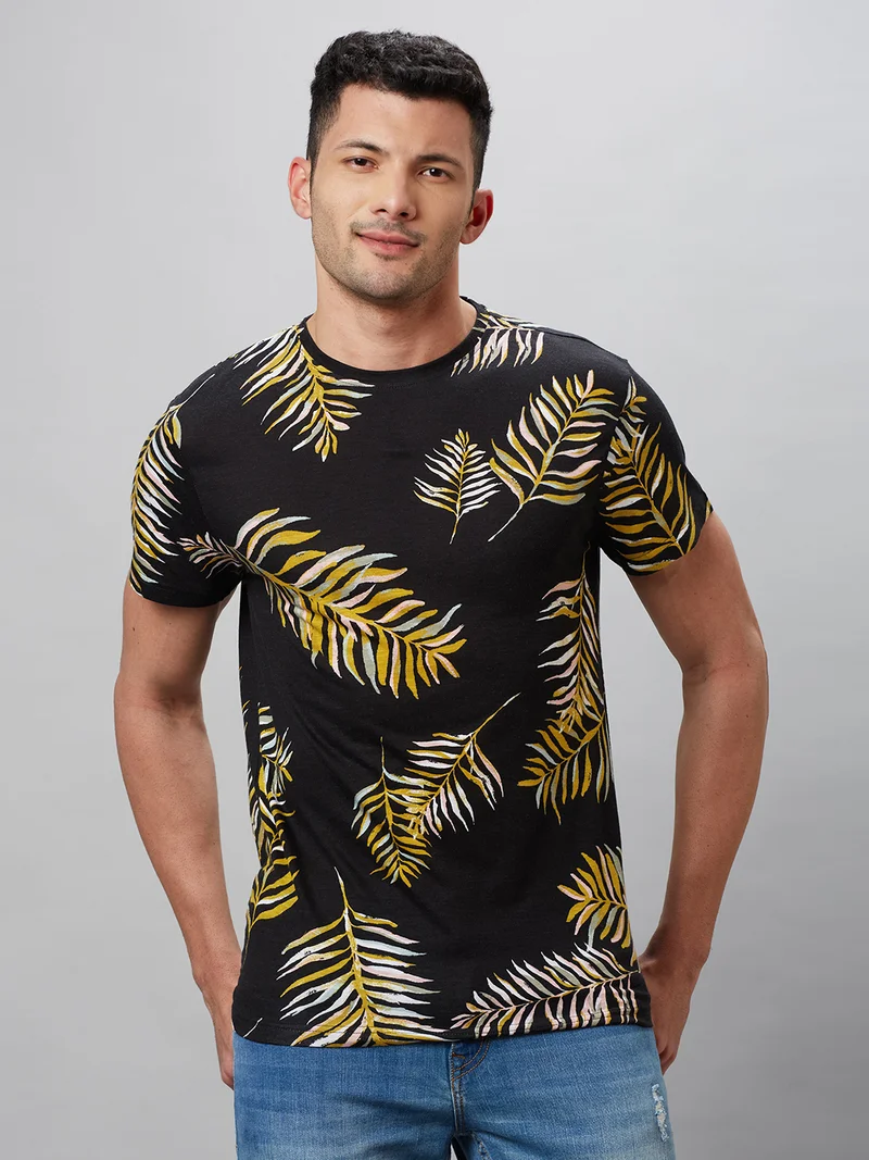 Globus Men Black Printed Cotton Round Neck Regular Fit T-shirt