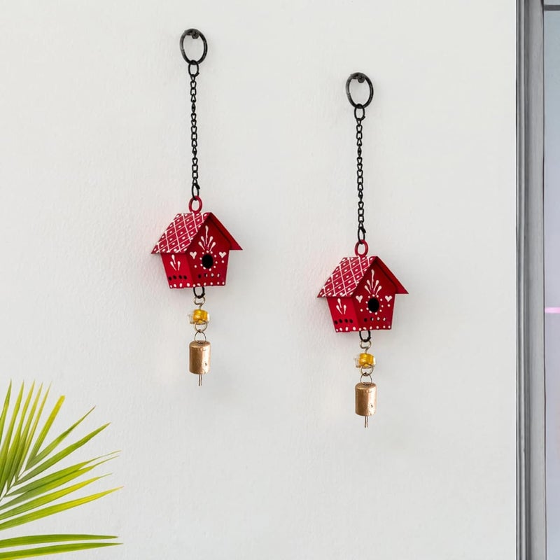 JASMEY HOMES Red Little Hut Set of 2 Hand Painted Hanging Ornaments for Home Decor Wind Chimes for Home Hanging Bells for Home Decoration Living Room Garden - Image 1