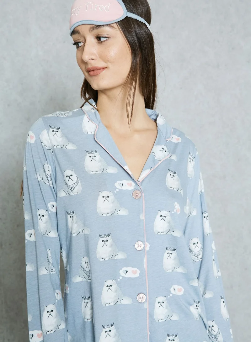 PJ Salvage Cat Pyjama Set With Eye Mask