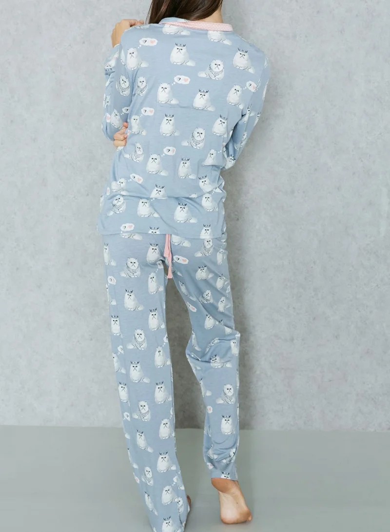 PJ Salvage Cat Pyjama Set With Eye Mask