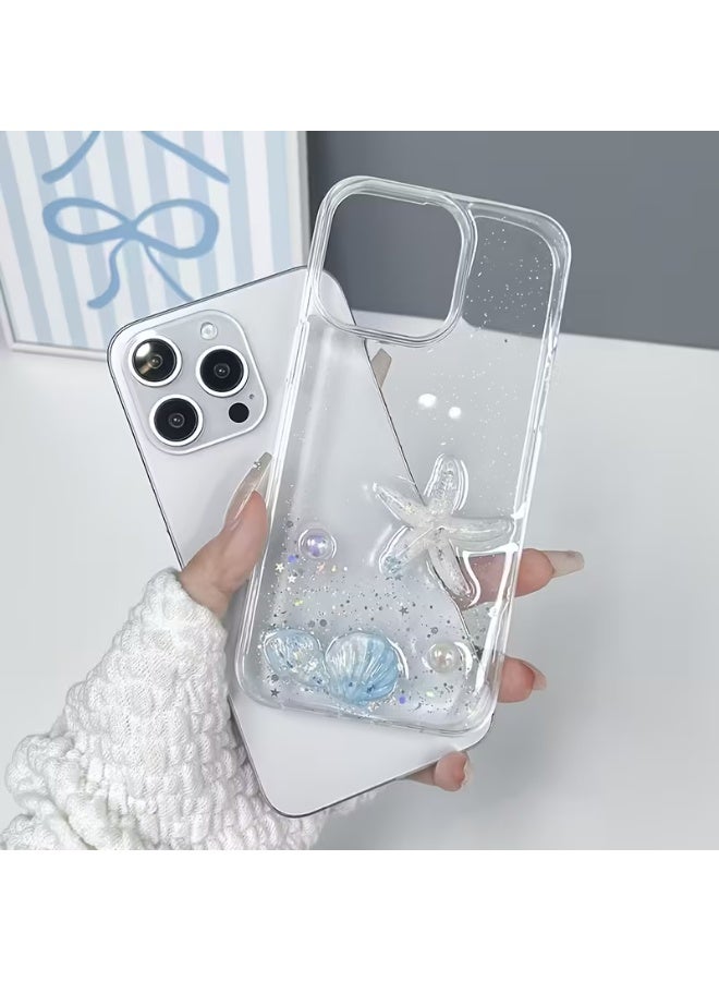 Temu A handmade, transparent acrylic mobile phone case featuring adhesive drops, glitter stars, and a starfish, suitable for iPhone 16 Pro Max. - Image 2