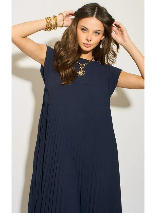 Hoxton Gal Navy Pleated Cap‑Sleeve Crew Neck Oversized Maxi Dress