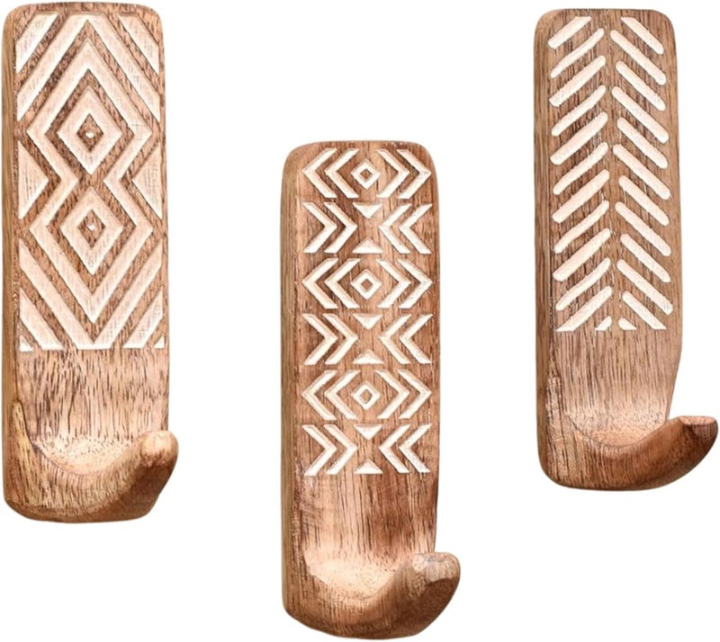 Indian-Shelf Indian Shelf 3 Pack No Damage Wood Wall Hooks- Wood Hangers -Sticky Coat Hooks Wall Mount- Towel Hooks For Bathroom Wall Mounted-Style1 - Brown - Image 1