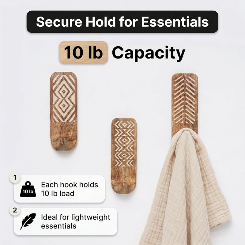Indian-Shelf Indian Shelf 3 Pack No Damage Wood Wall Hooks- Wood Hangers -Sticky Coat Hooks Wall Mount- Towel Hooks For Bathroom Wall Mounted-Style1 - Brown - Image 2