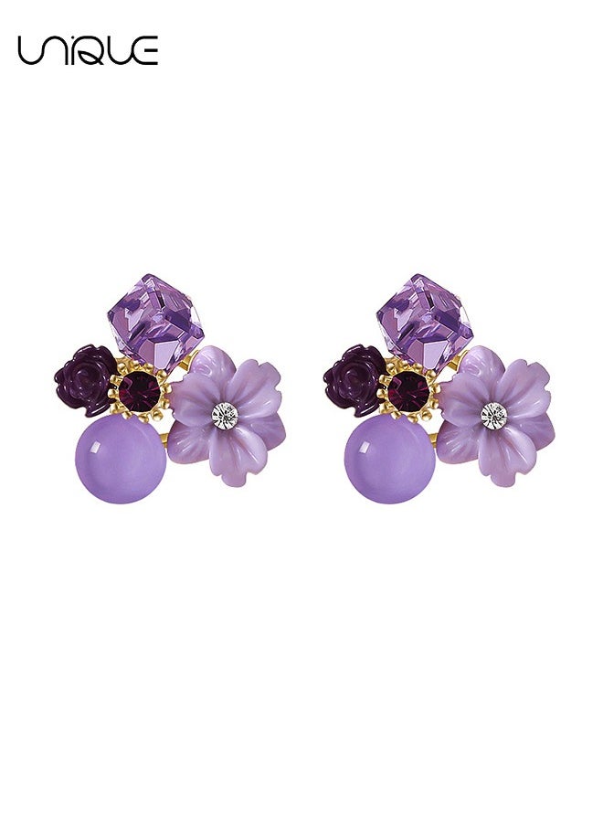 Unique Earrings, Purple Crystal Flower Earrings - Small Square Crystal Earrings - Vintage Moonstone Flower Cluster Earrings - Niche Fashion Simplicity  - Image 1