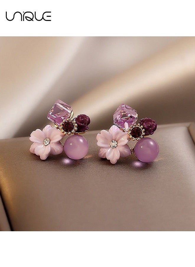 Unique Earrings, Purple Crystal Flower Earrings - Small Square Crystal Earrings - Vintage Moonstone Flower Cluster Earrings - Niche Fashion Simplicity  - Image 3