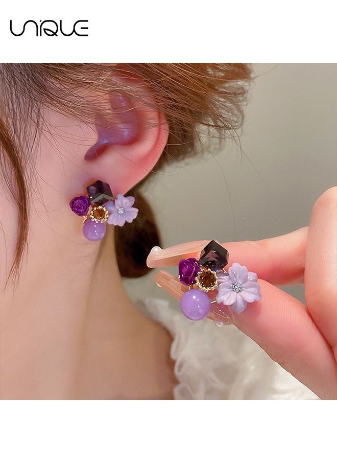 Unique Earrings, Purple Crystal Flower Earrings - Small Square Crystal Earrings - Vintage Moonstone Flower Cluster Earrings - Niche Fashion Simplicity  - Image 4