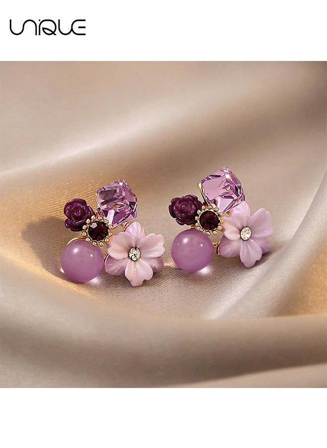 Unique Earrings, Purple Crystal Flower Earrings - Small Square Crystal Earrings - Vintage Moonstone Flower Cluster Earrings - Niche Fashion Simplicity  - Image 2