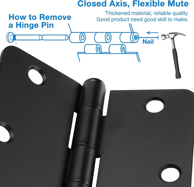 JIW 12 Pack Black Door Hinges Black Matte Black Hinges for Doors 3 1/2 Interior Door Hinges 3.5" x3.5 Inch Hinges Rounded 1/4" Raidus Standard Residential Bedroom Door Hinge Sturdy Door Hardware - Image 4