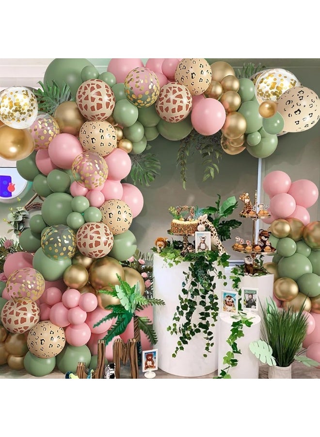 Amandir 170Pcs Jungle Safari Balloons Garland Arch Kit Animal Printed Pink Sage Green Balloons Wild One Giraffe Leopard Safari Baby Shower Decorations for Girl Birthday Party Supplies - Image 1