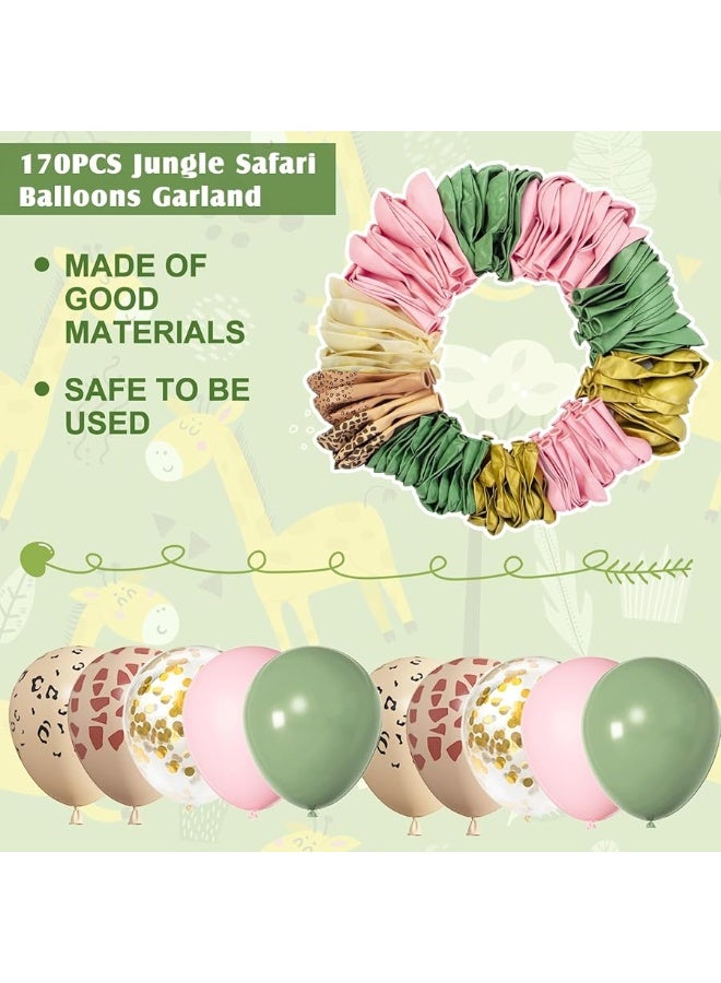 Amandir 170Pcs Jungle Safari Balloons Garland Arch Kit Animal Printed Pink Sage Green Balloons Wild One Giraffe Leopard Safari Baby Shower Decorations for Girl Birthday Party Supplies - Image 2
