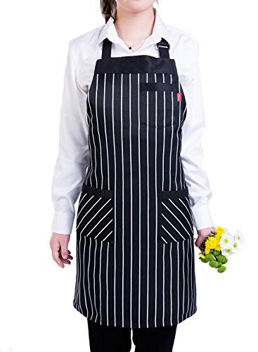 ALIPOBO Aprons for Women and Men, Kitchen Chef Apron with 3 Pockets and 40" Long Ties, Adjustable Bib Apron for Cooking, Serving - 32" x 28" - Black/White Pinstripe - 1 Pcs - Image 3