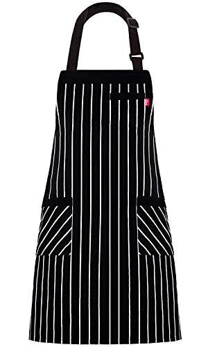 ALIPOBO Aprons for Women and Men, Kitchen Chef Apron with 3 Pockets and 40" Long Ties, Adjustable Bib Apron for Cooking, Serving - 32" x 28" - Black/White Pinstripe - 1 Pcs - Image 1