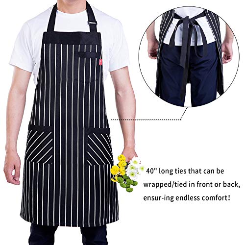 ALIPOBO Aprons for Women and Men, Kitchen Chef Apron with 3 Pockets and 40" Long Ties, Adjustable Bib Apron for Cooking, Serving - 32" x 28" - Black/White Pinstripe - 1 Pcs - Image 2