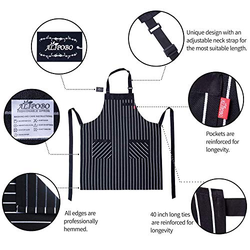 ALIPOBO Aprons for Women and Men, Kitchen Chef Apron with 3 Pockets and 40" Long Ties, Adjustable Bib Apron for Cooking, Serving - 32" x 28" - Black/White Pinstripe - 1 Pcs - Image 5
