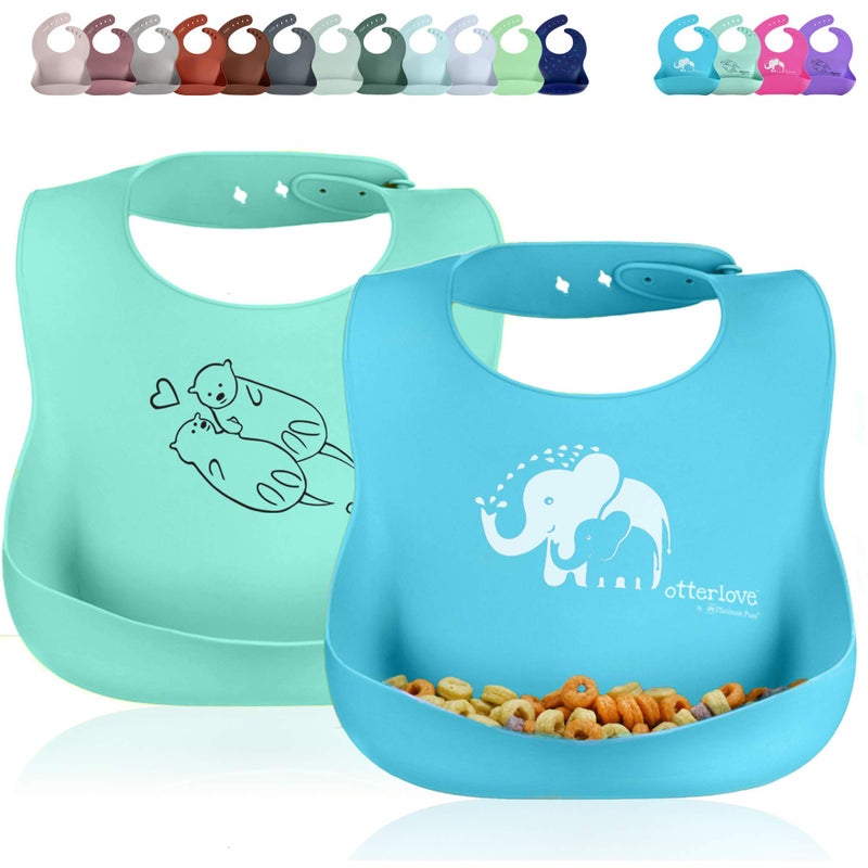 Otterlove Silicone Bib-100% Pure Platinum LFGB Baby Bibs 6-48 months-No Fillers-BPA and Phthalate Free (2 Bib Pack - Blue Elephants & Lemon Lime Otters) - Image 1